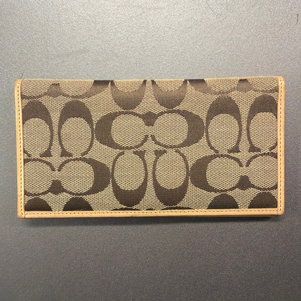 Coach Signature C Jacquard Bifold Checkbook Wallet Brown Tan Leather Trim Slim